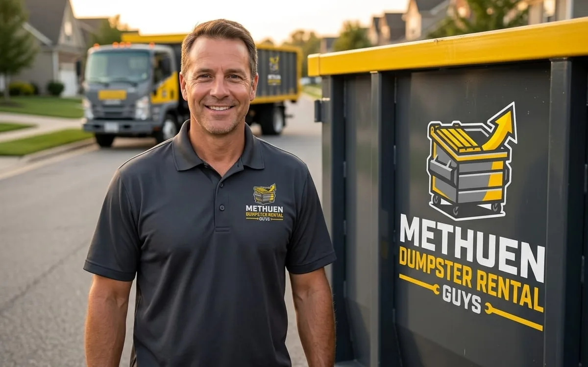 Locally owned dumpster rental company in Methuen MA Methuen Dumpster Rental Guys container on a Merrimack Valley driveway